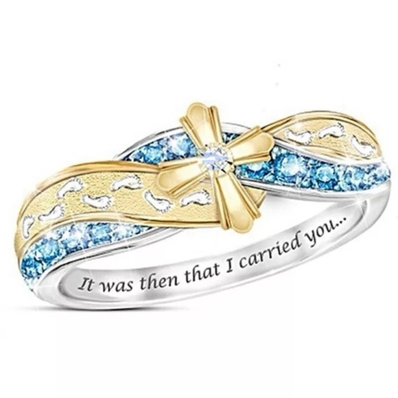 Footprints In The Sand 925 Silver Filled Ring Gold & Blue Accents Cross of Jesus - Picture 1 of 9